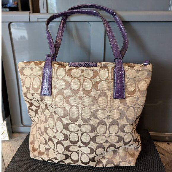 LOW START Coach, Signature Khaki & Purple Python Patent Leather Shoulder Bag - Picture 2 of 14